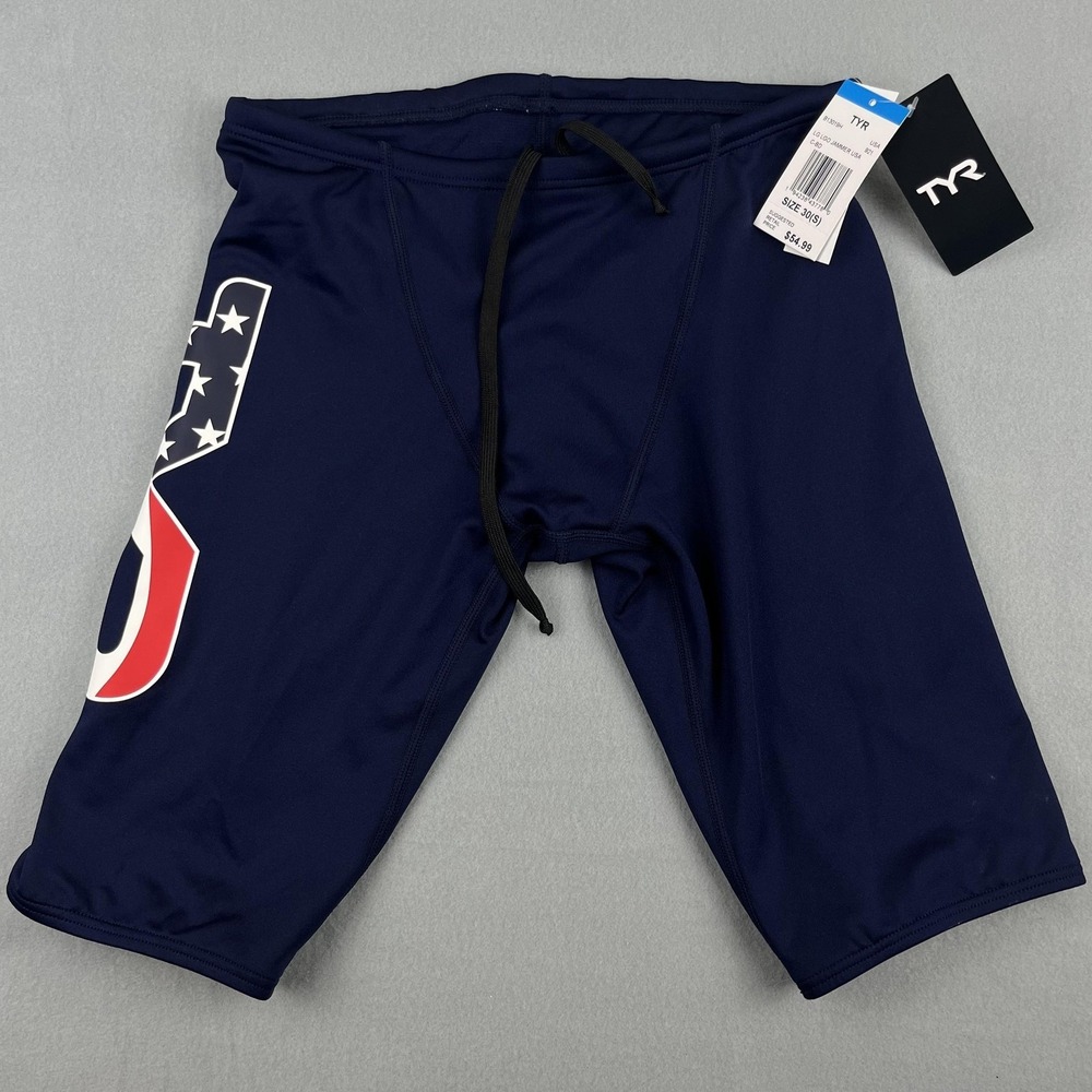 TYR Swim Jammer Mens 30 Navy USA Flag Durafast Elite Training Chlorine Proof